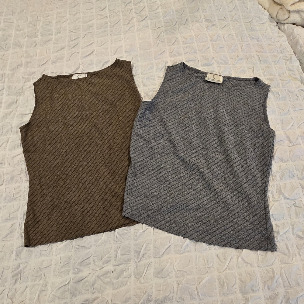 moa moa Sleeveless Knit Tops – Brown Stripe + Gray Stripe (Pair), Size Large
